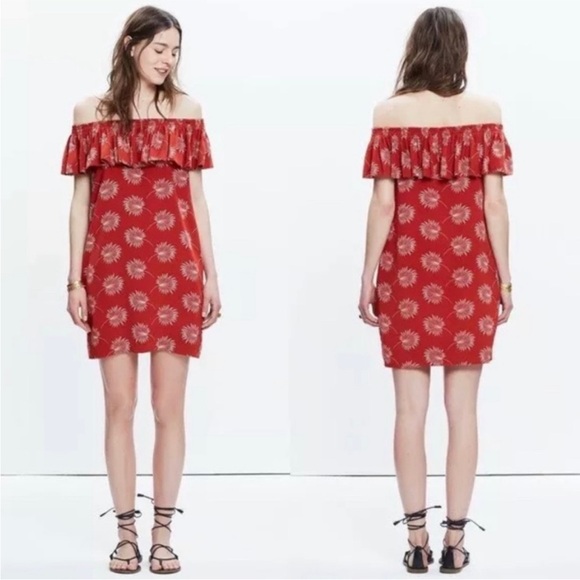 Madewell | Silk Off the Shoulder Dress | Orange Palm flower print | Size Medium - Picture 2 of 13